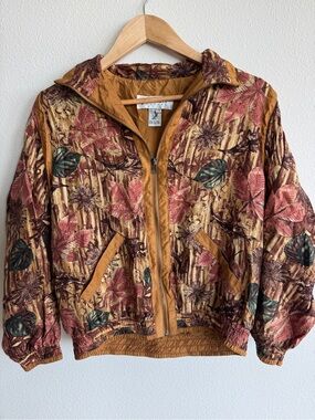 Vintage Lavon Petite 100% Silk Botanical Leaf Print Zip Jacket